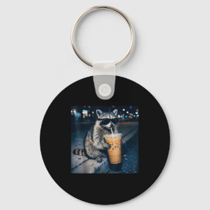 Raccoon drinking iced coffee funny animal meme  keychain