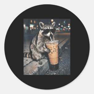 Raccoon drinking iced coffee funny animal meme men classic round sticker