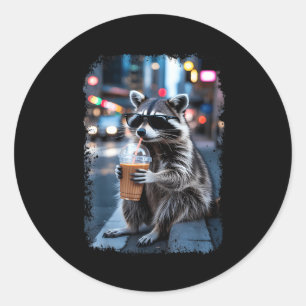 Raccoon drinking iced coffee funny animal meme men classic round sticker