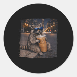 Raccoon drinking iced coffee funny animal meme men classic round sticker