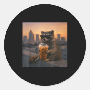 Raccoon drinking iced coffee funny animal meme men classic round sticker