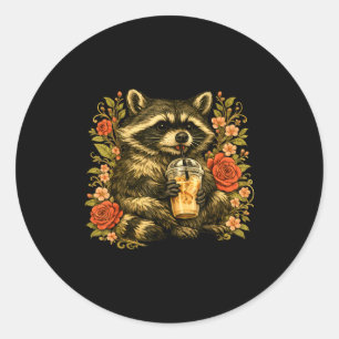 Raccoon drinking iced coffee funny animal meme men classic round sticker
