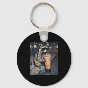 Raccoon drinking iced coffee funny animal meme men keychain
