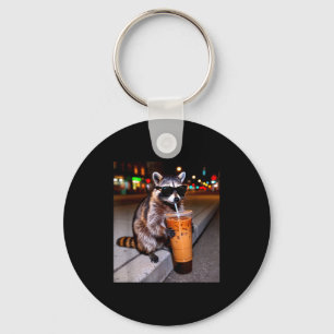 Raccoon drinking iced coffee funny animal meme men keychain