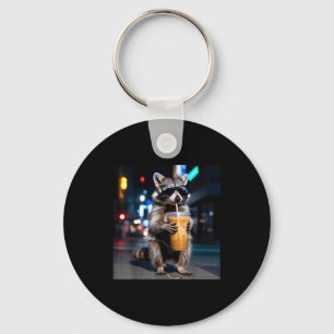Raccoon drinking iced coffee funny animal meme men keychain