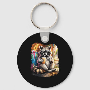 Raccoon drinking iced coffee funny animal meme men keychain
