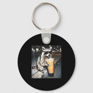 Raccoon drinking iced coffee funny animal meme men keychain