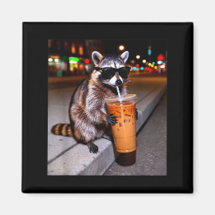 Raccoon drinking iced coffee funny animal meme men magnet
