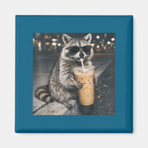 Raccoon drinking iced coffee funny animal meme men magnet