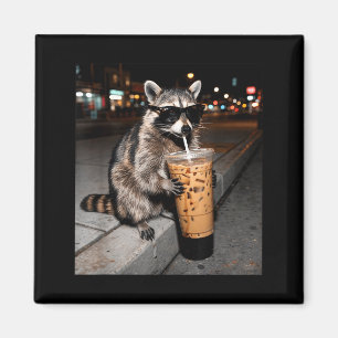 Raccoon drinking iced coffee funny animal meme men magnet