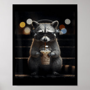 Raccoon drinking iced coffee funny animal meme men poster