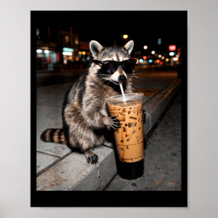 Raccoon drinking iced coffee funny animal meme men poster