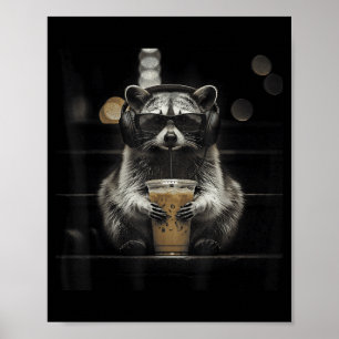 Raccoon drinking iced coffee funny animal meme men poster
