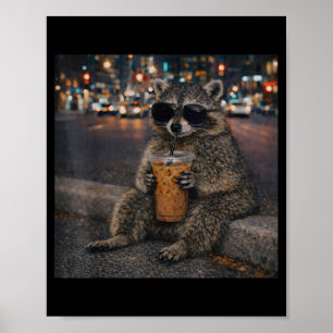 Raccoon drinking iced coffee funny animal meme men poster
