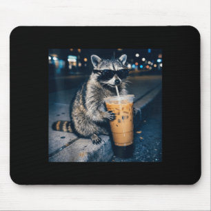 Raccoon drinking iced coffee funny animal meme mouse pad