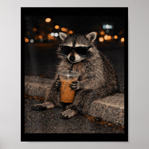 Raccoon drinking iced coffee funny animal meme poster