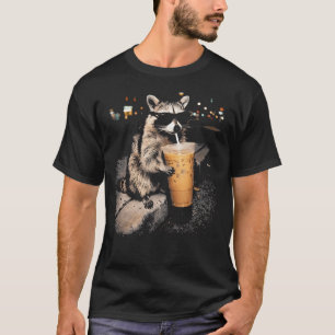 Raccoon Drinking Iced Coffee Funny Animal T-Shirt
