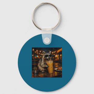 Raccoon Drinking Iced Coffee Funny Artwork Keychain