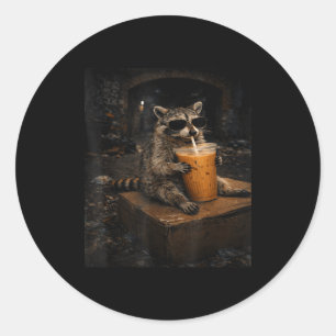 Raccoon Drinking Iced Coffee Funny Classic Round Sticker