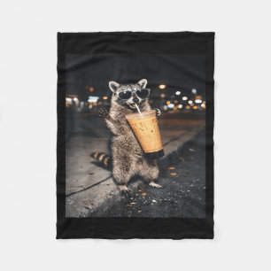 Raccoon drinking iced coffee funny for men, women, fleece blanket