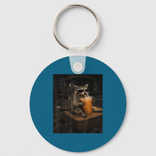 Raccoon Drinking Iced Coffee Funny Graphic Art Keychain