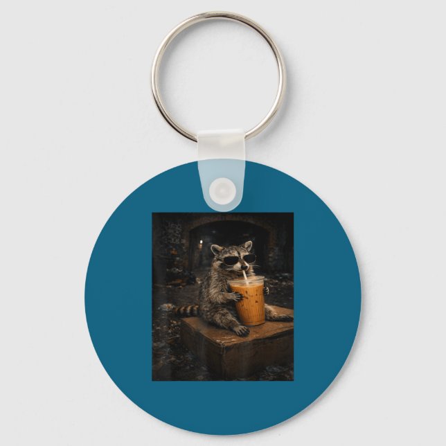 Raccoon Drinking Iced Coffee Funny Graphic Art Keychain (Front)