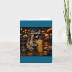 Raccoon Drinking Iced Coffee Funny Illustration Card