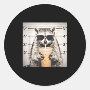 Raccoon drinking iced coffee funny mugshot animal classic round sticker