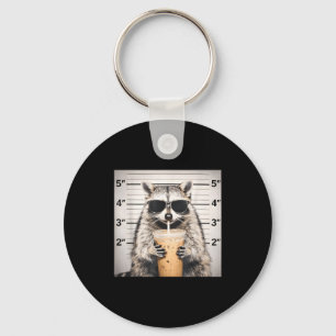 Raccoon drinking iced coffee funny mugshot animal keychain