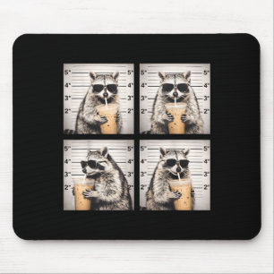 Raccoon drinking iced coffee funny mugshot animal mouse pad