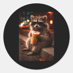 Raccoon drinking iced coffee funny trash panda classic round sticker
