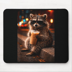 Raccoon drinking iced coffee funny trash panda mouse pad