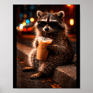 Raccoon drinking iced coffee funny trash panda poster