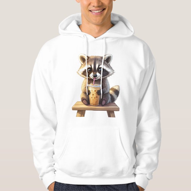 Raccoon Drinking Iced Coffee Hoodie (Front)