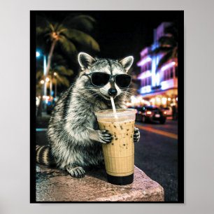 Raccoon drinking iced coffee in miami streets funn poster