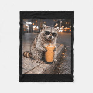 Raccoon drinking iced coffee meme funny animal for fleece blanket