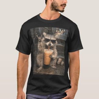 Raccoon Drinking Iced Coffee Meme Funny Animal T-Shirt
