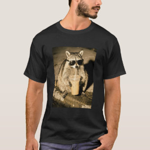 Raccoon Drinking Iced Coffee, Raccoon Photo Meme T-Shirt