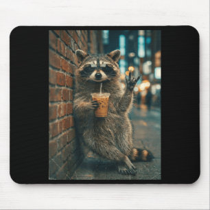 Raccoon drinking iced coffee rock on meme funny mouse pad