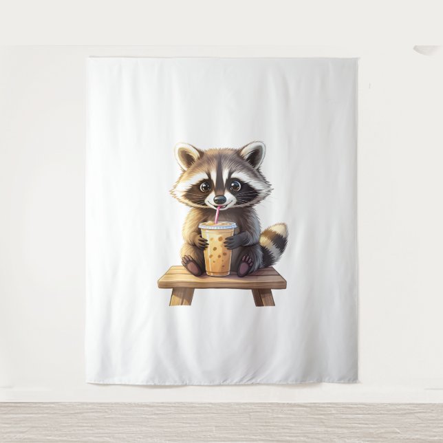 Raccoon Drinking Iced Coffee Tapestry (Front)