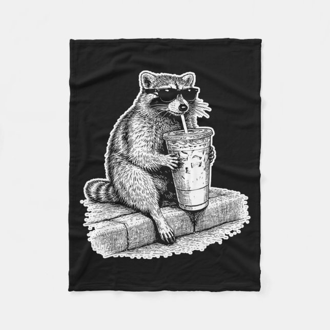 Raccoon drinking iced coffee trash panda funny fleece blanket (Front)