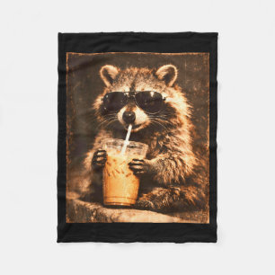 Raccoon drinking iced coffee vintage style look  fleece blanket