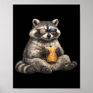 Raccoon Drinking Iced Coffee Wearing Flag Sunglass Poster