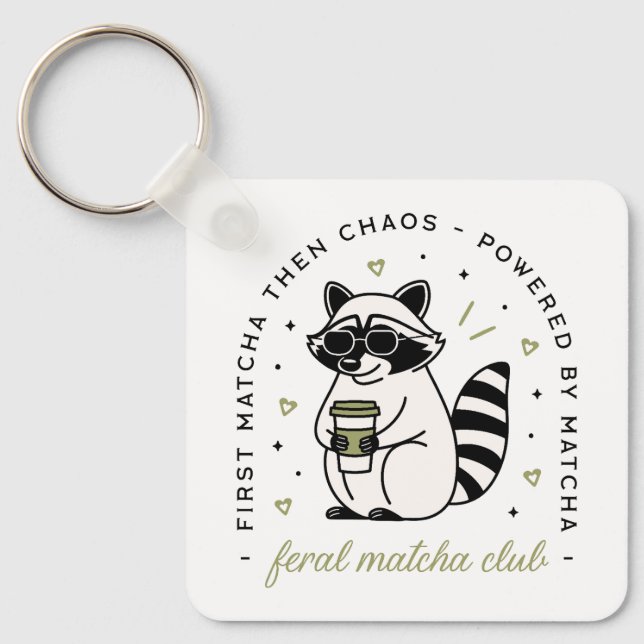 Raccoon drinking matcha club funny kawaii animal keychain (Front)