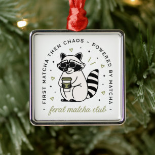 Raccoon drinking matcha funny kawaii aesthetic metal ornament