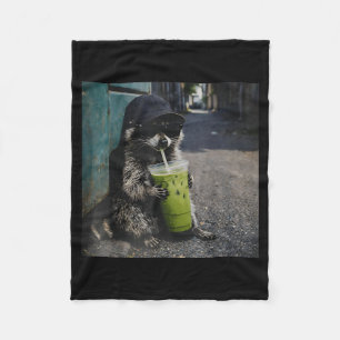 Raccoon drinking matcha latte funny animal meme me fleece blanket