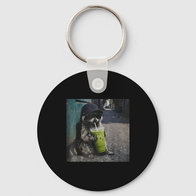 Raccoon drinking matcha latte funny animal meme me keychain (Front)