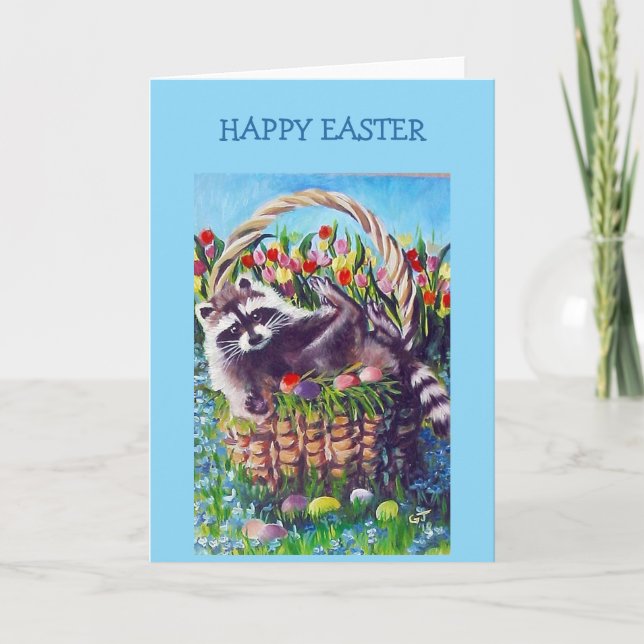 Raccoon Easter Basket Blank Greeting Card (Front)