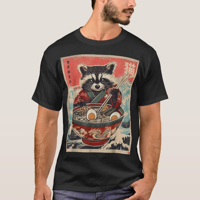 Raccoon Eating Ramen Japanese Noodles Racoon Anime T-Shirt (Front)