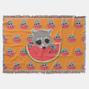 Raccoon eating  watermelon throw blanket